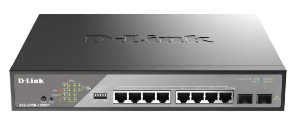 D-Link DSS-200G-10MPP łącza sieciowe Zarządzany L2 Gigabit Ethernet (10/100/1000) Obsługa PoE 1U Czarny, Szary