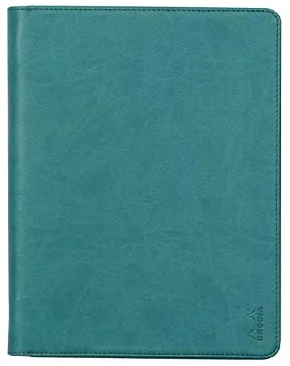 Rhodia 168103C - Teczka konferencyjna Rhodiarama 19,5x25,5 cm, z etui, 2 płaskie kieszenie zamykane na suwak, miejsca na karty, uchwyt na długopis, okładka z imitacji skóry w kolorze pawiej zieleni