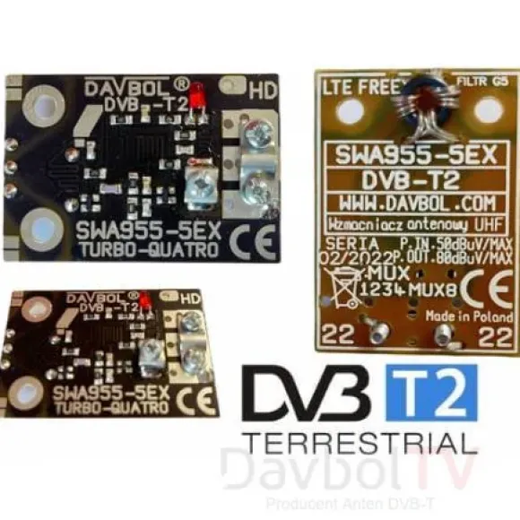 Wzmacniacz telewizyjny Davbol SWA955-5EX DVB-T2 LED 2024 - stabilny odbiór sygnału, uniwersalne zastosowanie, odporność na zakłócenia.